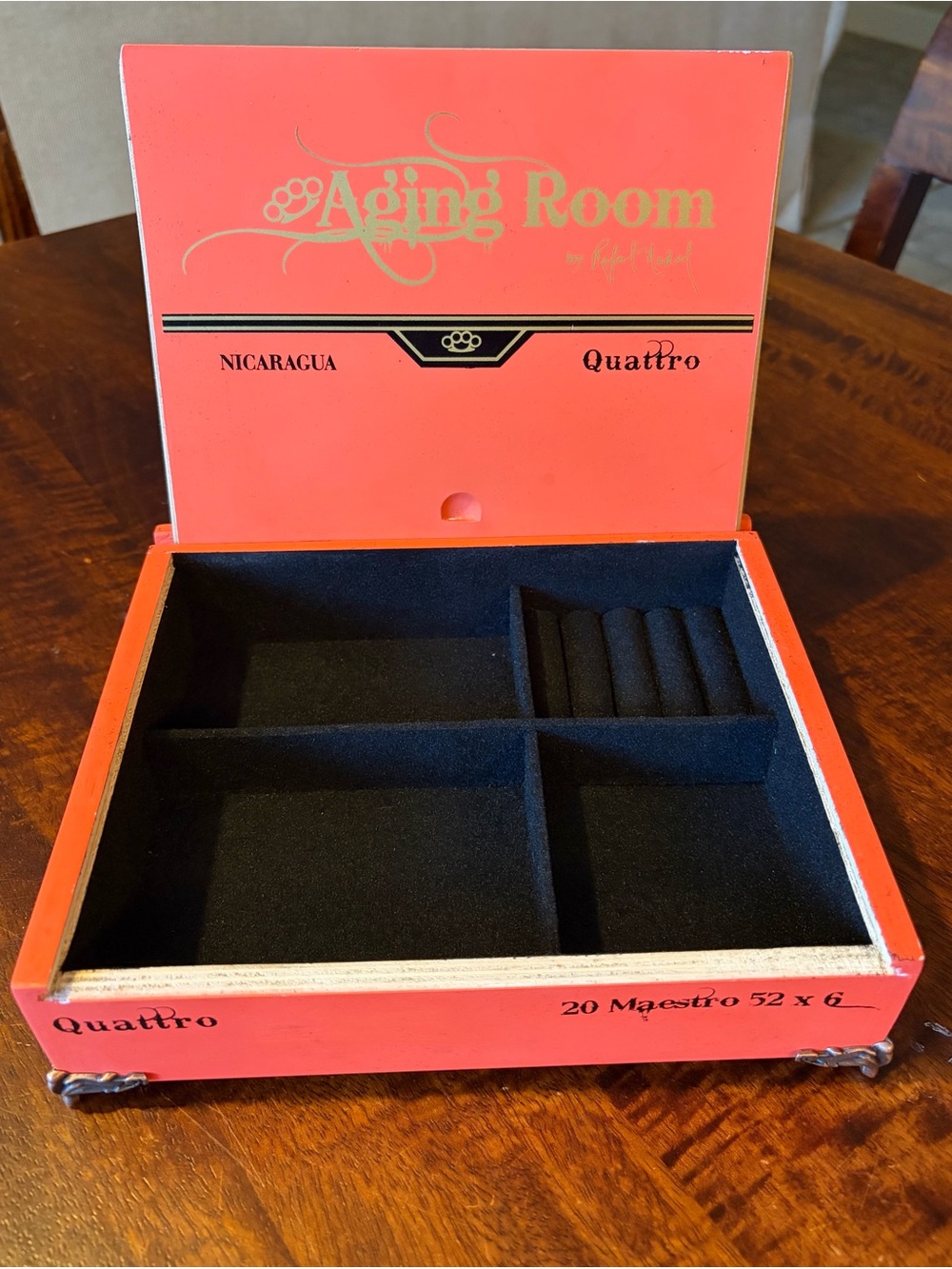 Upcycled Aging Room Quattro Cigar Box Jewelry Organizer Black Gold and Orange
